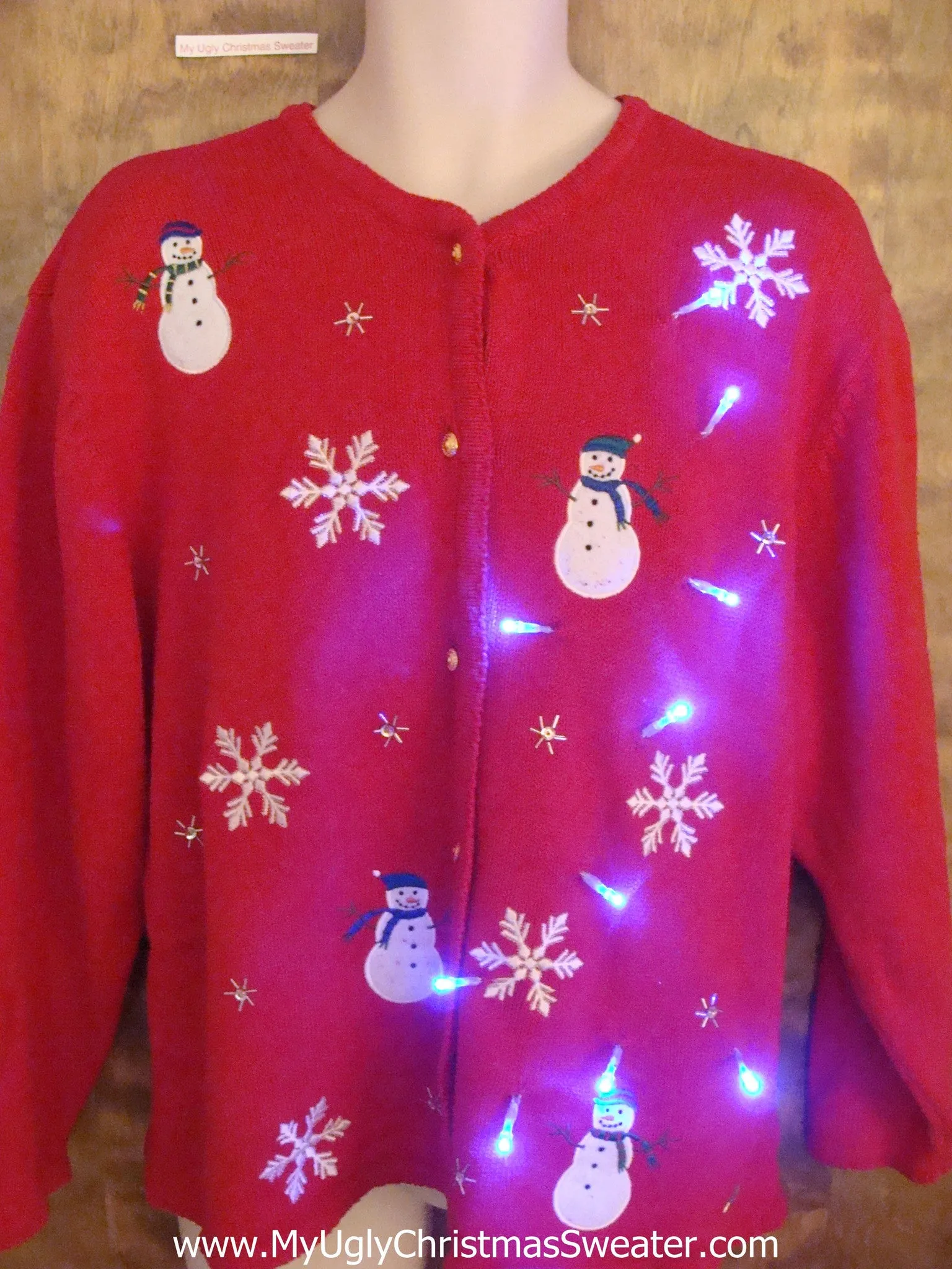 Red Light Up Ugly Xmas Sweater with Snowmen and Snowflakes