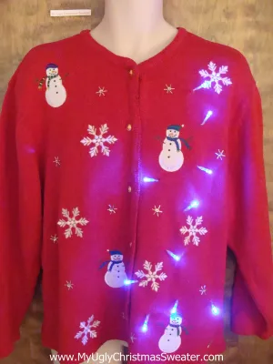 Red Light Up Ugly Xmas Sweater with Snowmen and Snowflakes