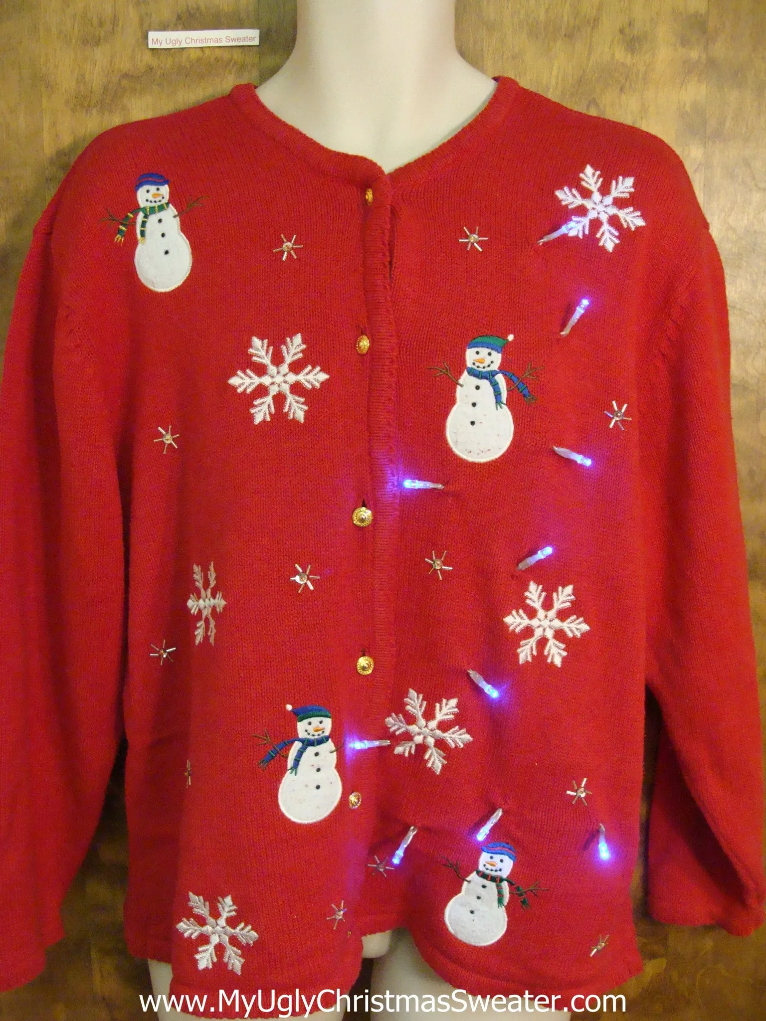 Red Light Up Ugly Xmas Sweater with Snowmen and Snowflakes