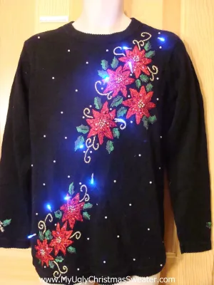 Red Poinsettias Light Up Christmas Sweater