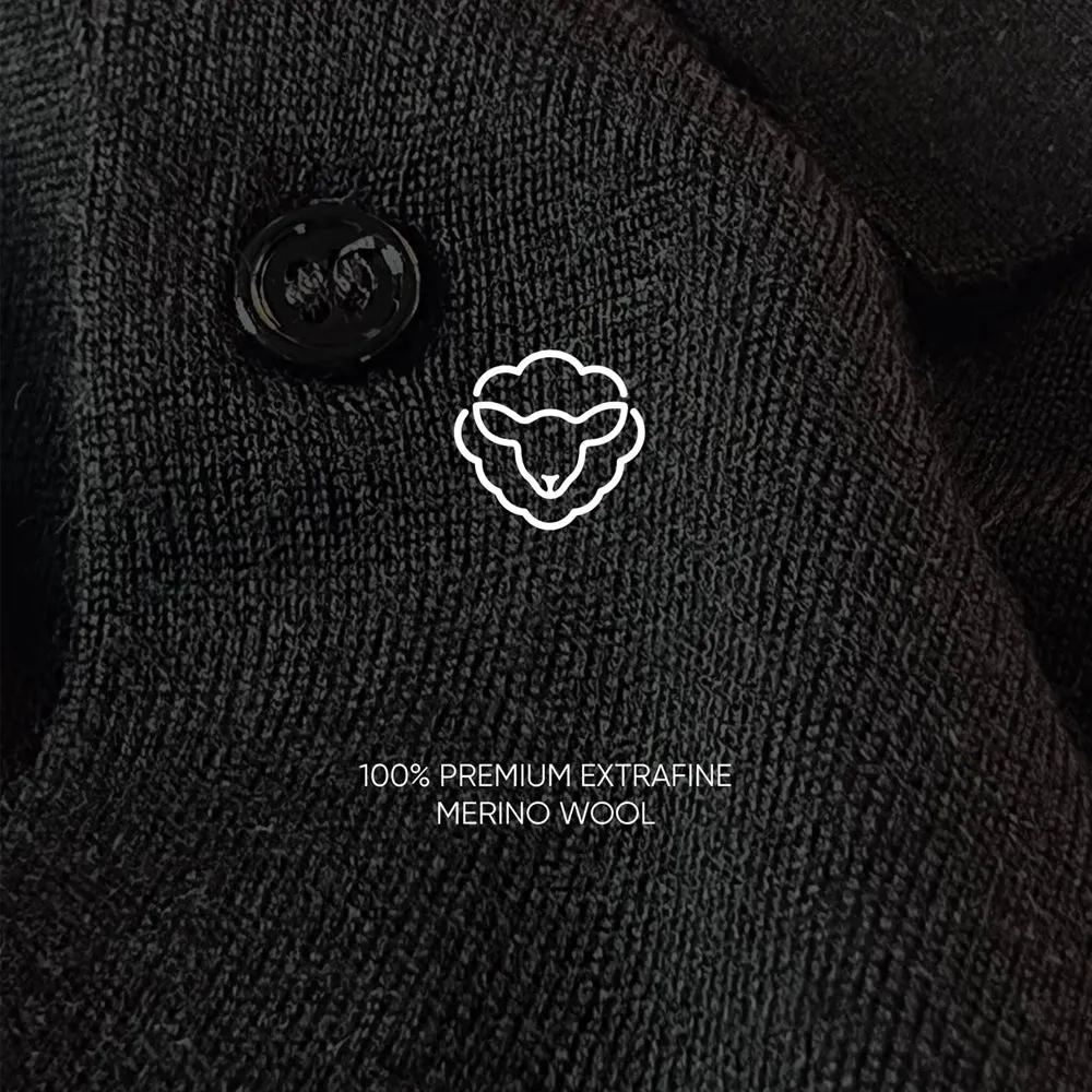 SILENCIOSA Merino Wool Long Sleeve Polo - Black