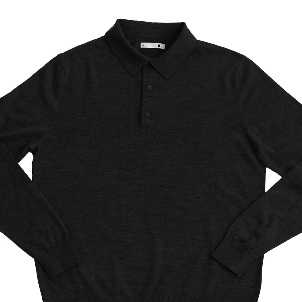 SILENCIOSA Merino Wool Long Sleeve Polo - Black