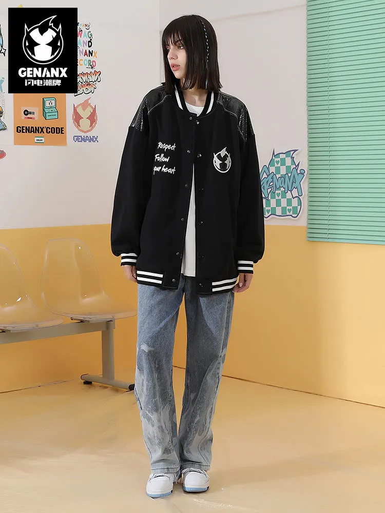 Spliced color snake skin Lightning King embroidered baseball collar jacket