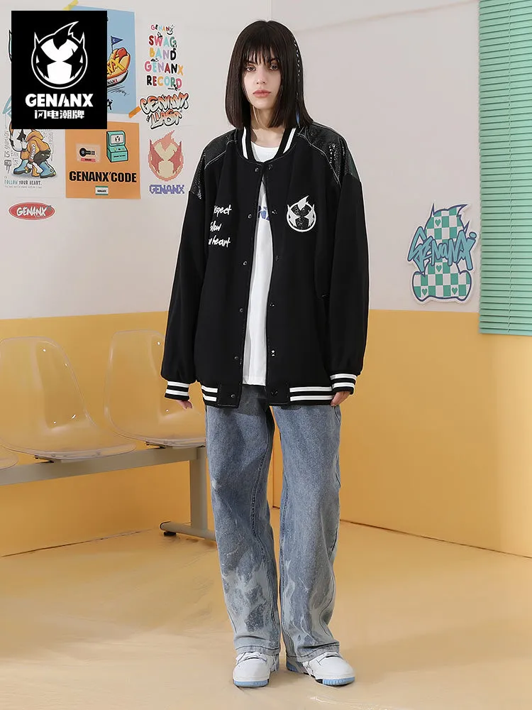 Spliced color snake skin Lightning King embroidered baseball collar jacket