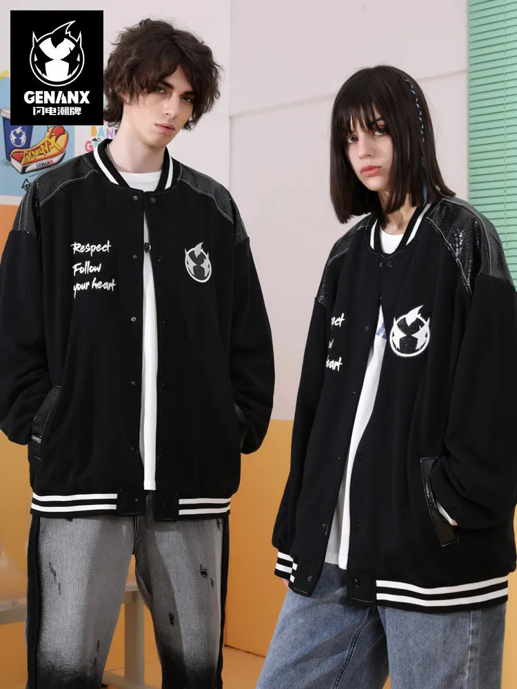 Spliced color snake skin Lightning King embroidered baseball collar jacket