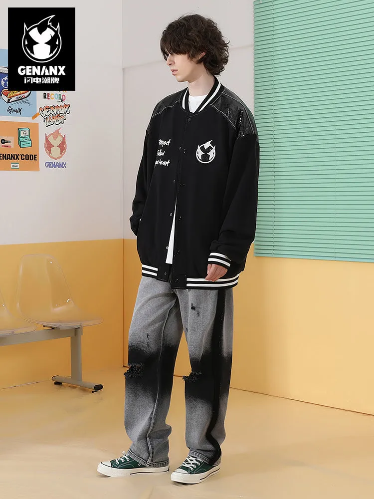 Spliced color snake skin Lightning King embroidered baseball collar jacket