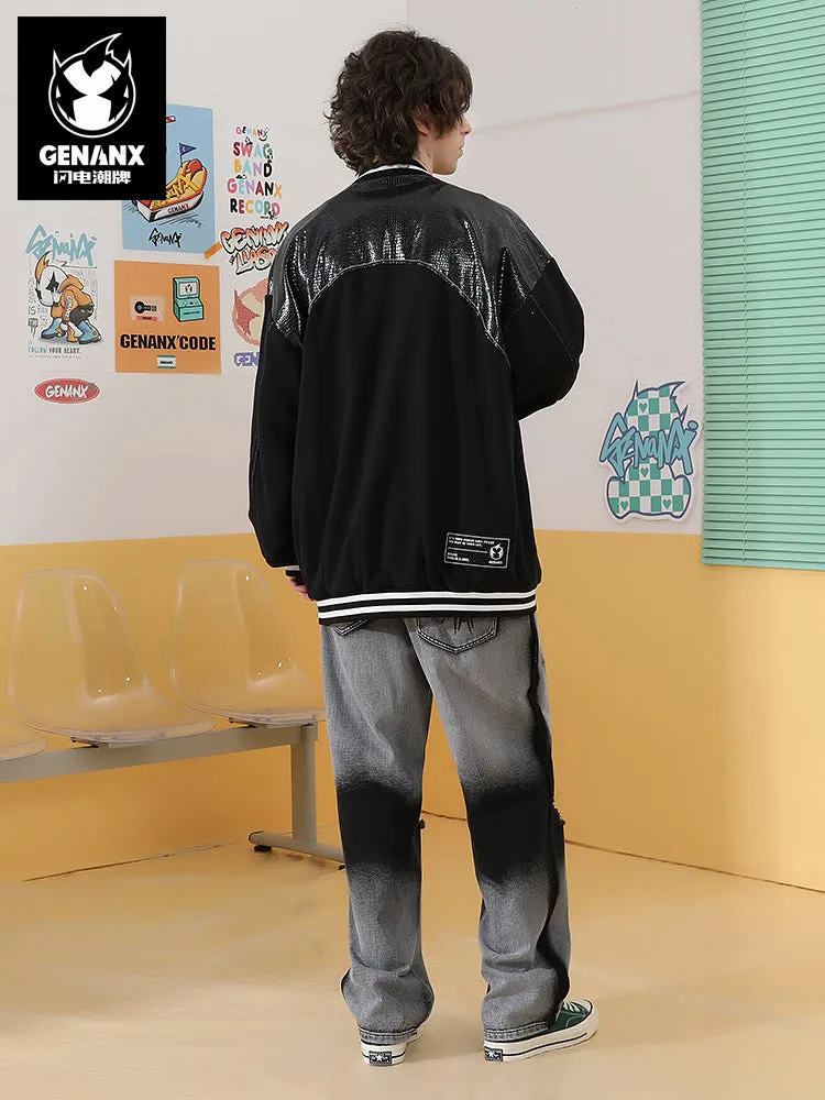 Spliced color snake skin Lightning King embroidered baseball collar jacket