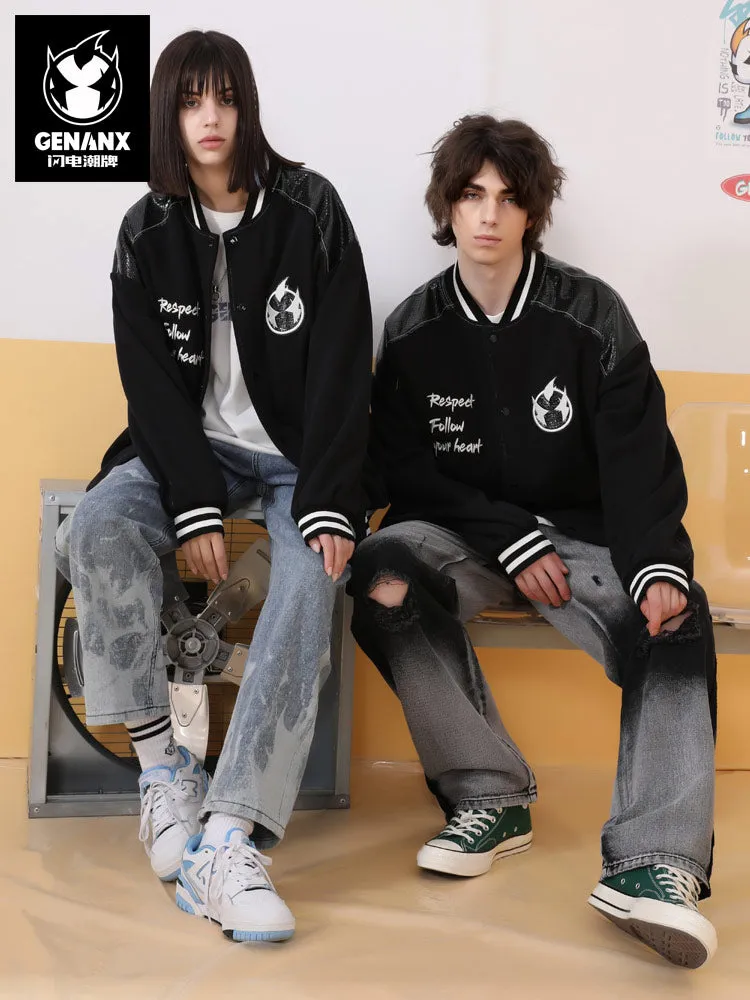 Spliced color snake skin Lightning King embroidered baseball collar jacket