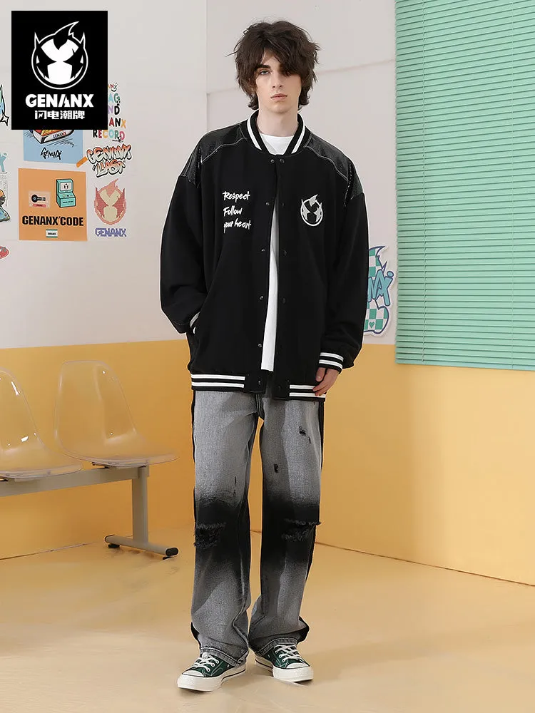 Spliced color snake skin Lightning King embroidered baseball collar jacket