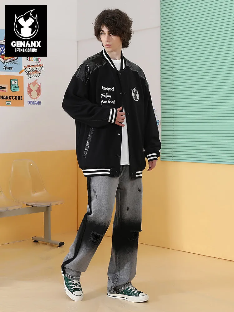Spliced color snake skin Lightning King embroidered baseball collar jacket