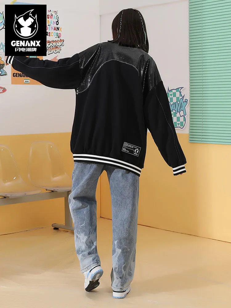 Spliced color snake skin Lightning King embroidered baseball collar jacket