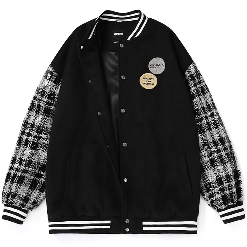 Vibe Style Color Block Embroidered Baseball Collar Jacket