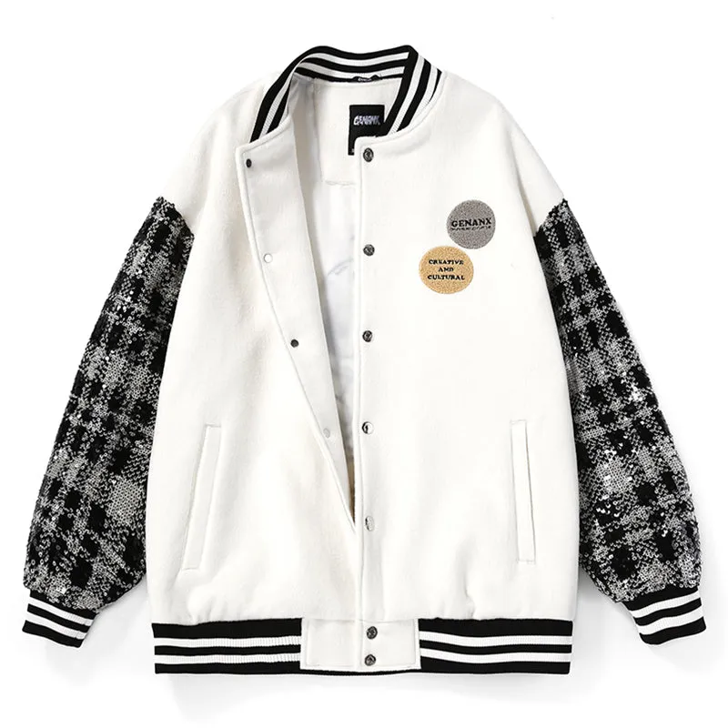 Vibe Style Color Block Embroidered Baseball Collar Jacket