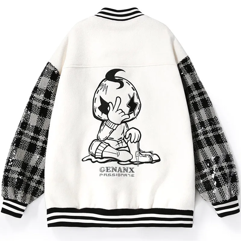 Vibe Style Color Block Embroidered Baseball Collar Jacket