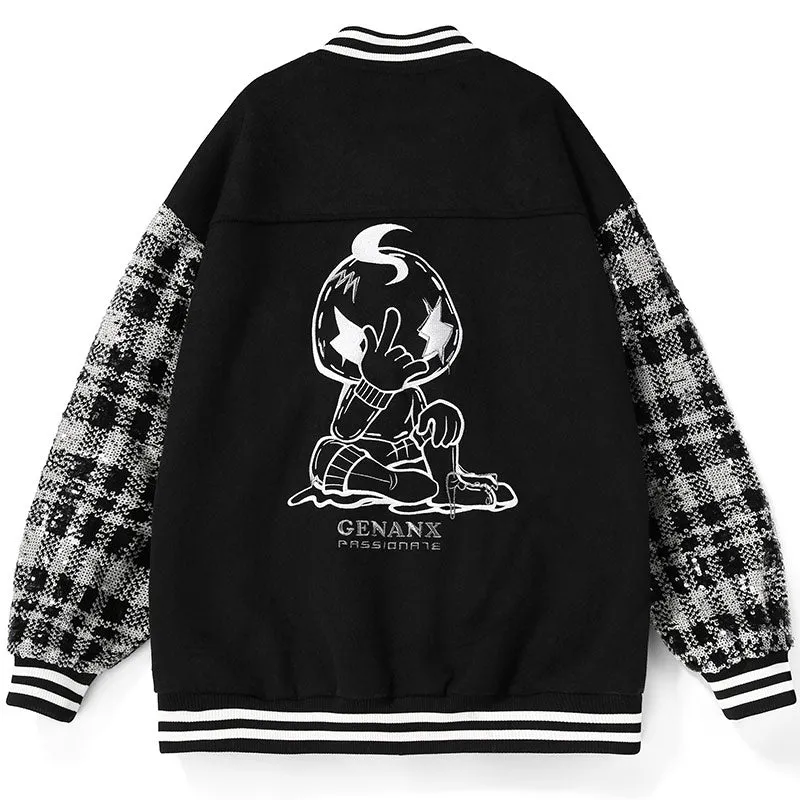 Vibe Style Color Block Embroidered Baseball Collar Jacket