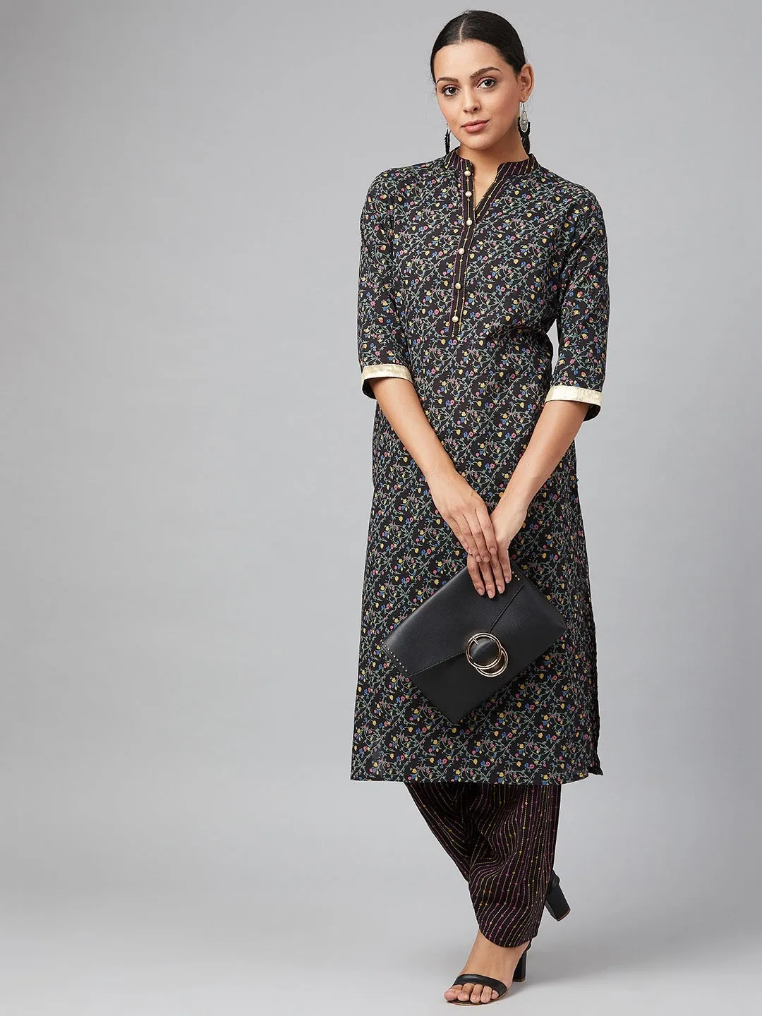 Women Black & Green Printed Kurta With Salwar