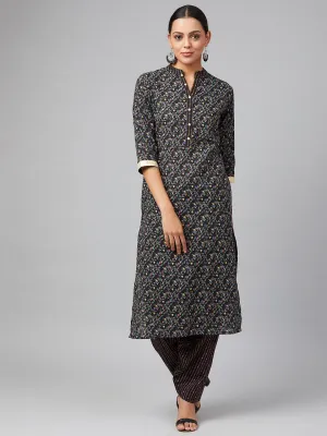 Women Black & Green Printed Kurta With Salwar