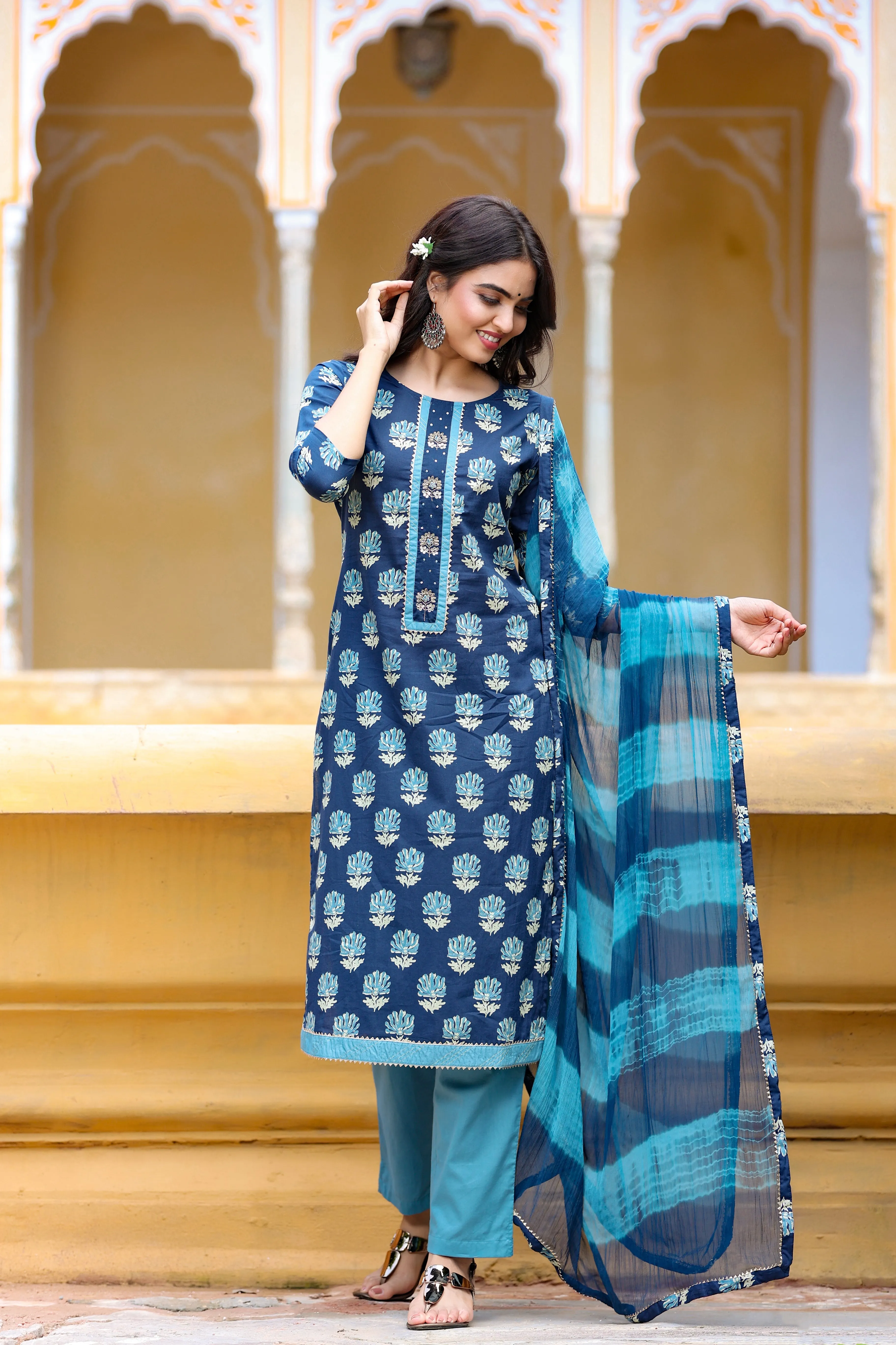 Women Blue Printed Dupatta Set