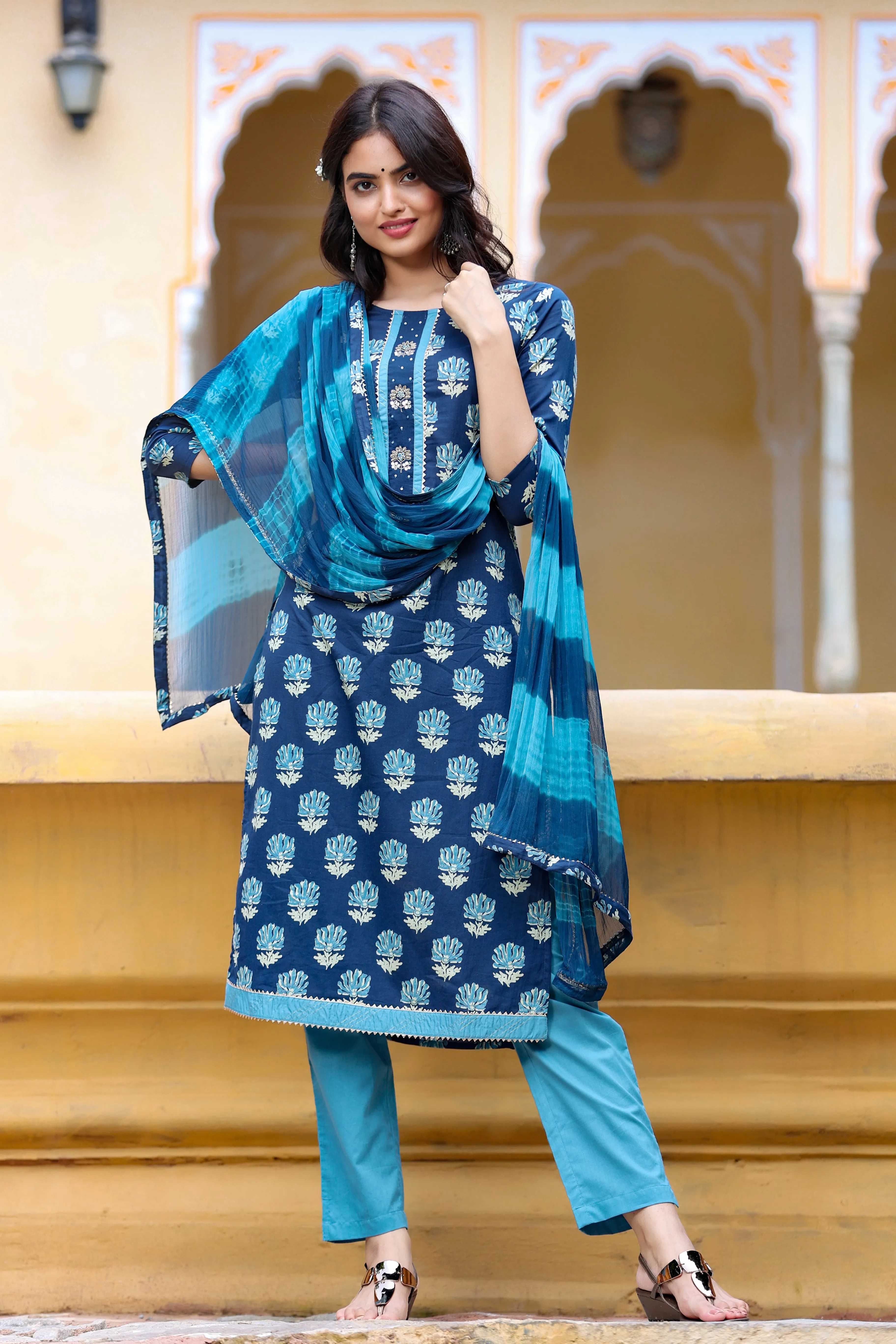 Women Blue Printed Dupatta Set