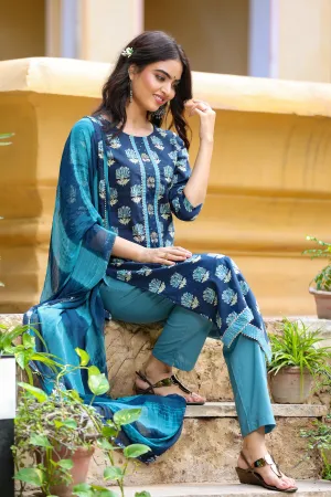 Women Blue Printed Dupatta Set