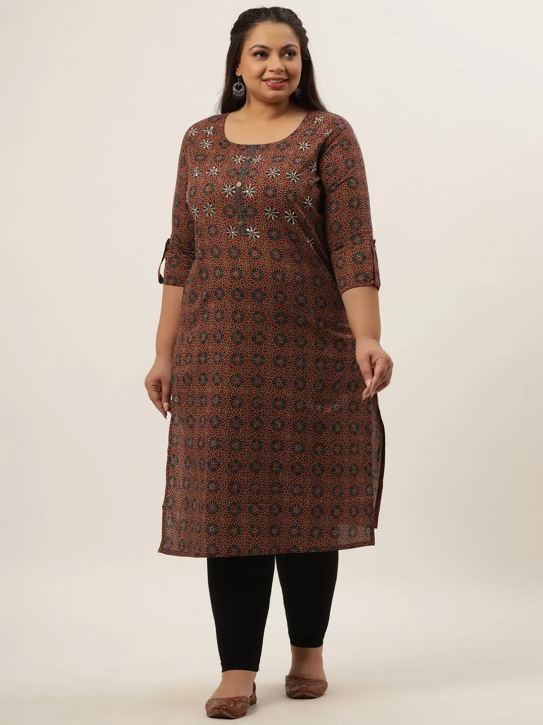 Women Brown Printed Straight Kurta