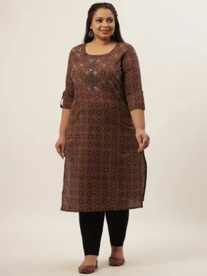Women Brown Printed Straight Kurta