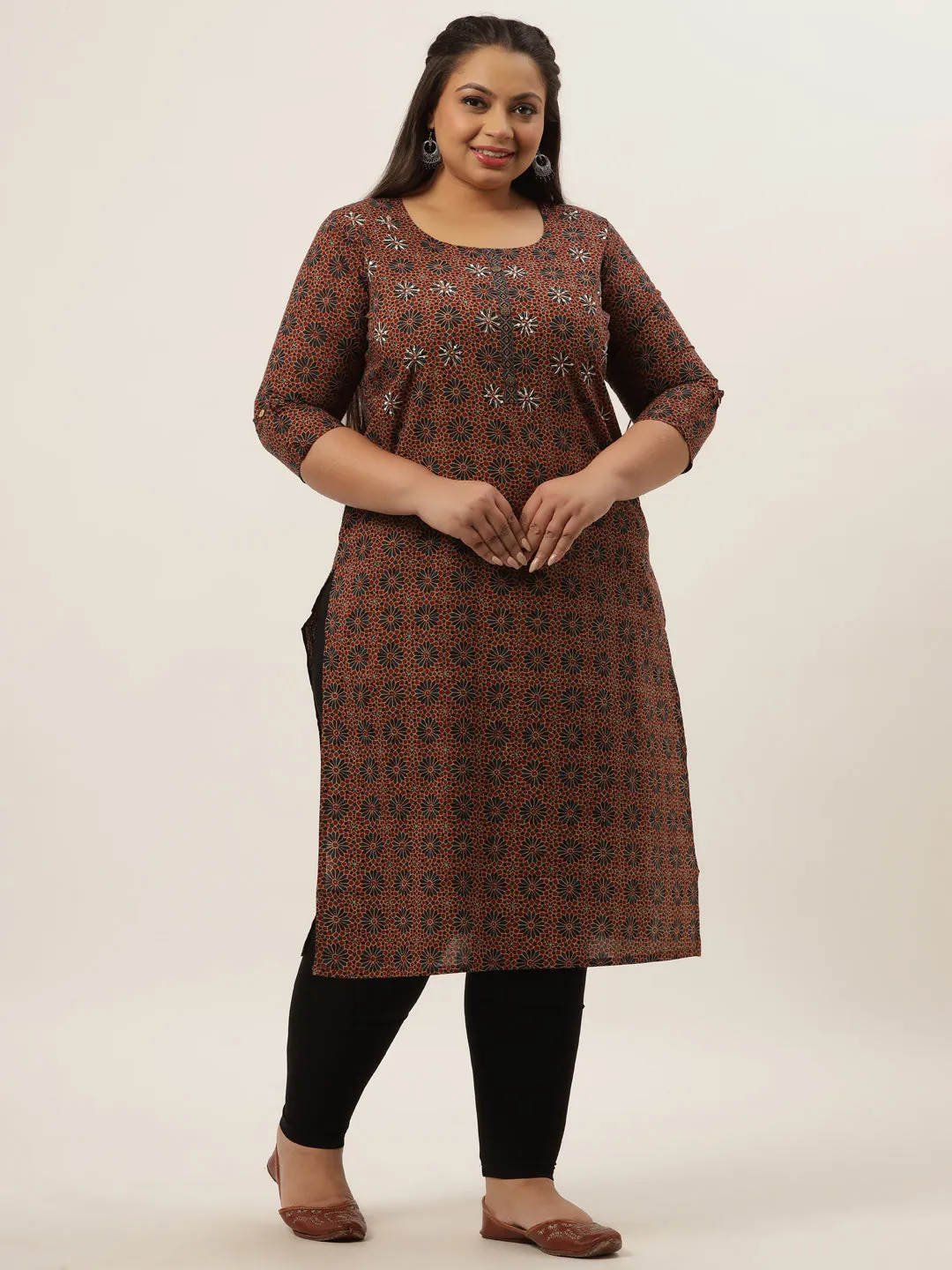 Women Brown Printed Straight Kurta