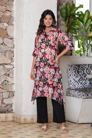 Women Floral Printed Shirt Collar Straight Kurta With Trousers