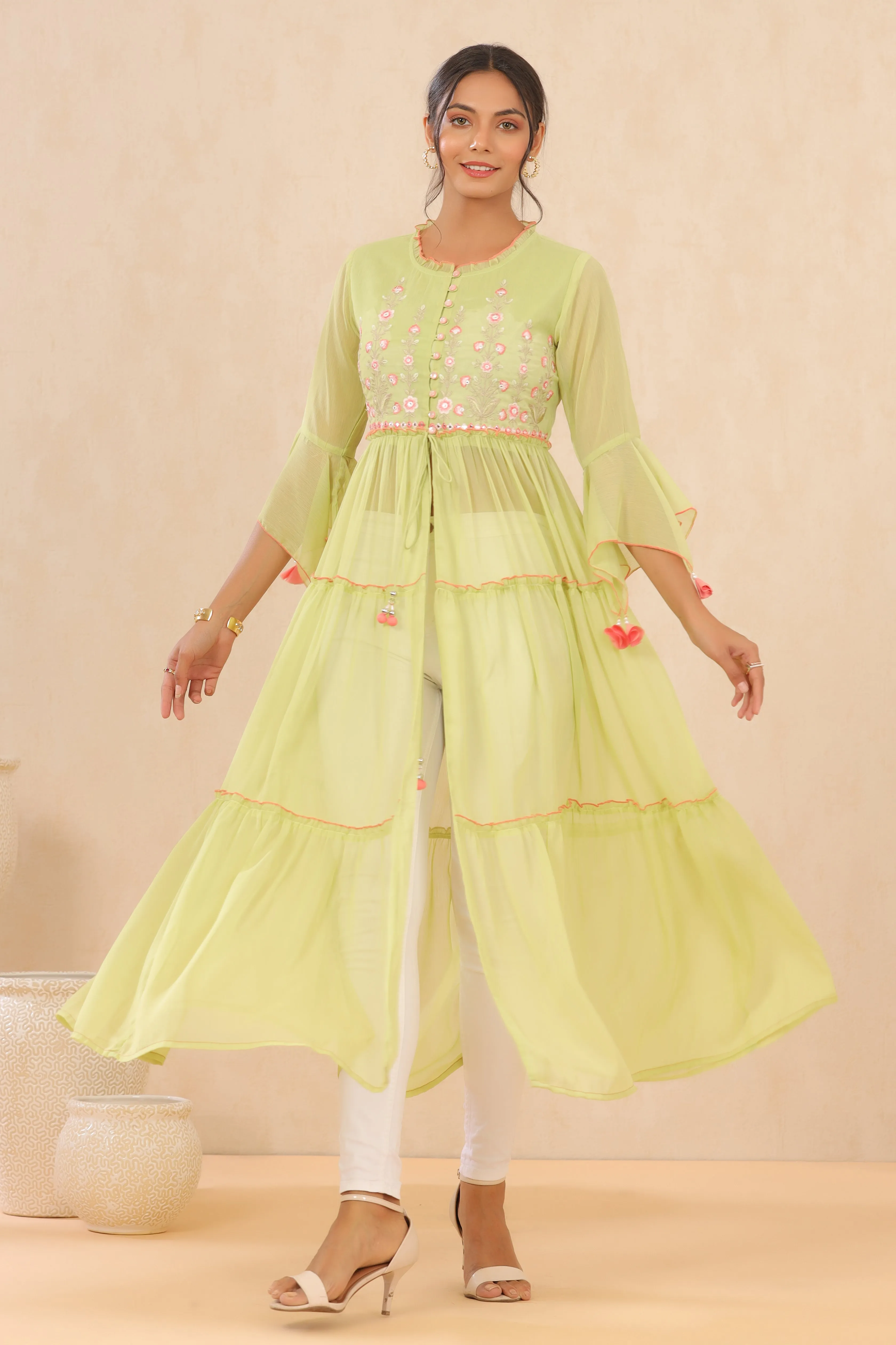 Women Green Chiffon Embroidered Kurta