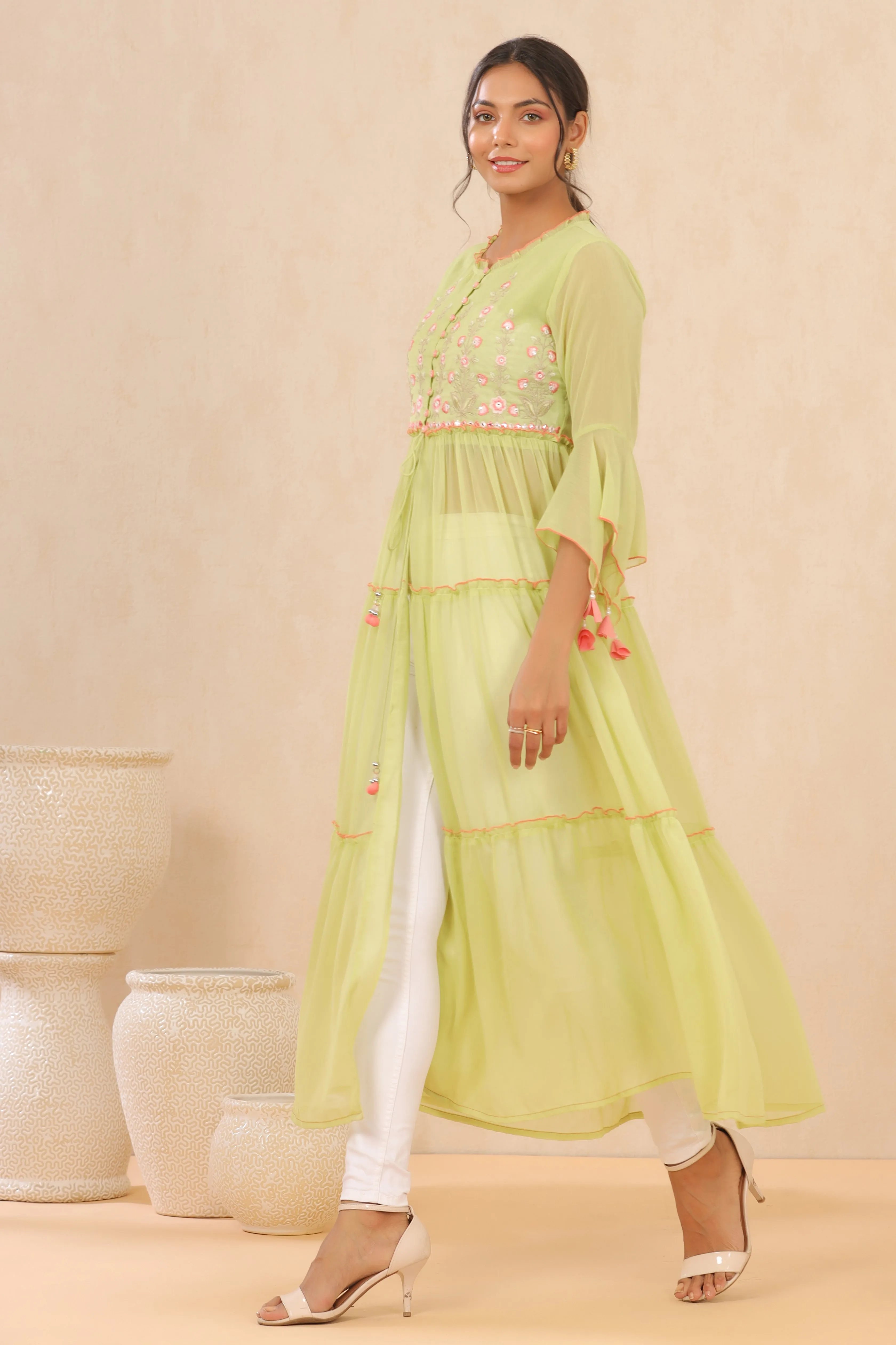 Women Green Chiffon Embroidered Kurta