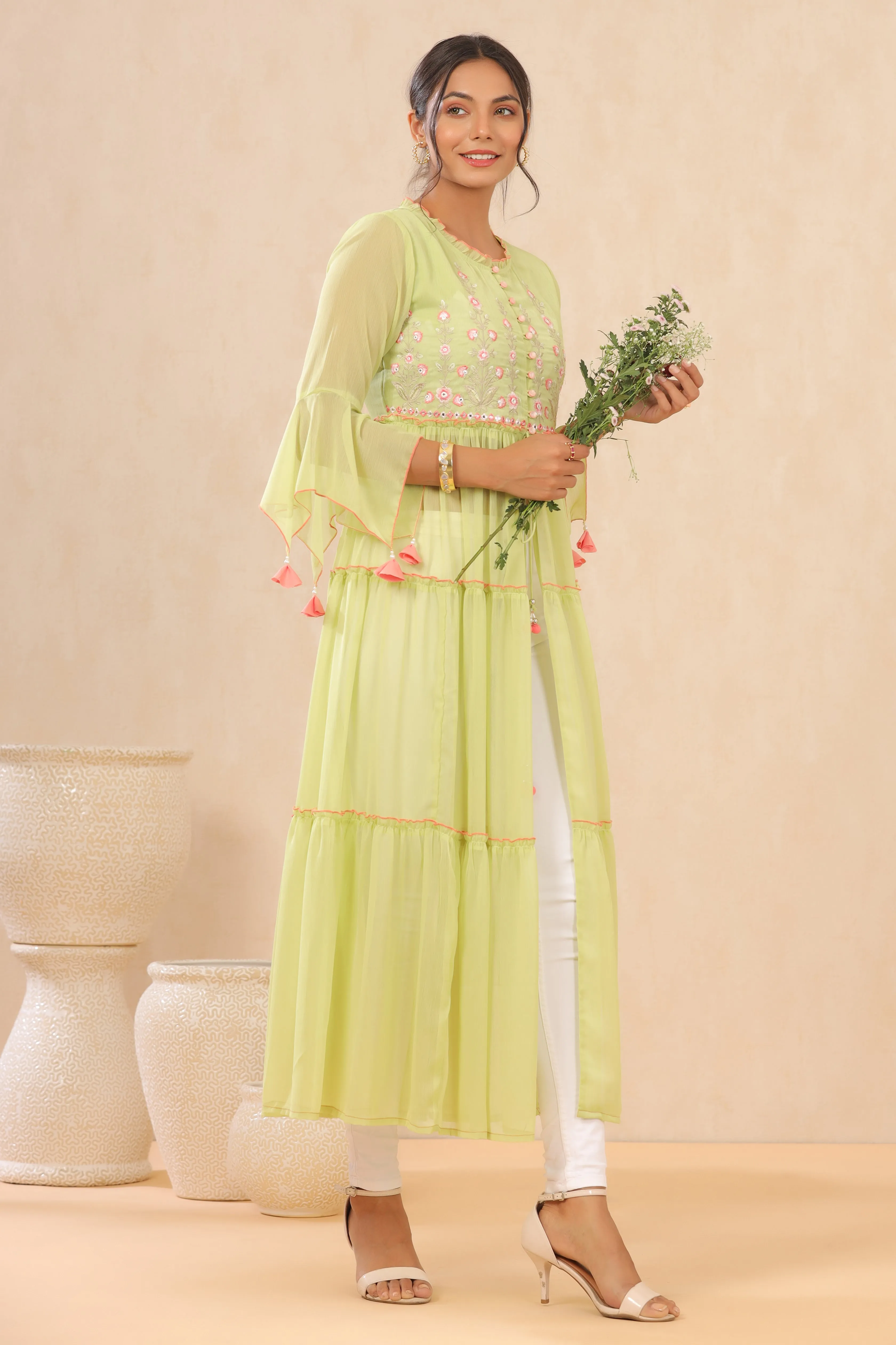 Women Green Chiffon Embroidered Kurta
