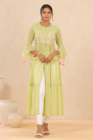 Women Green Chiffon Embroidered Kurta