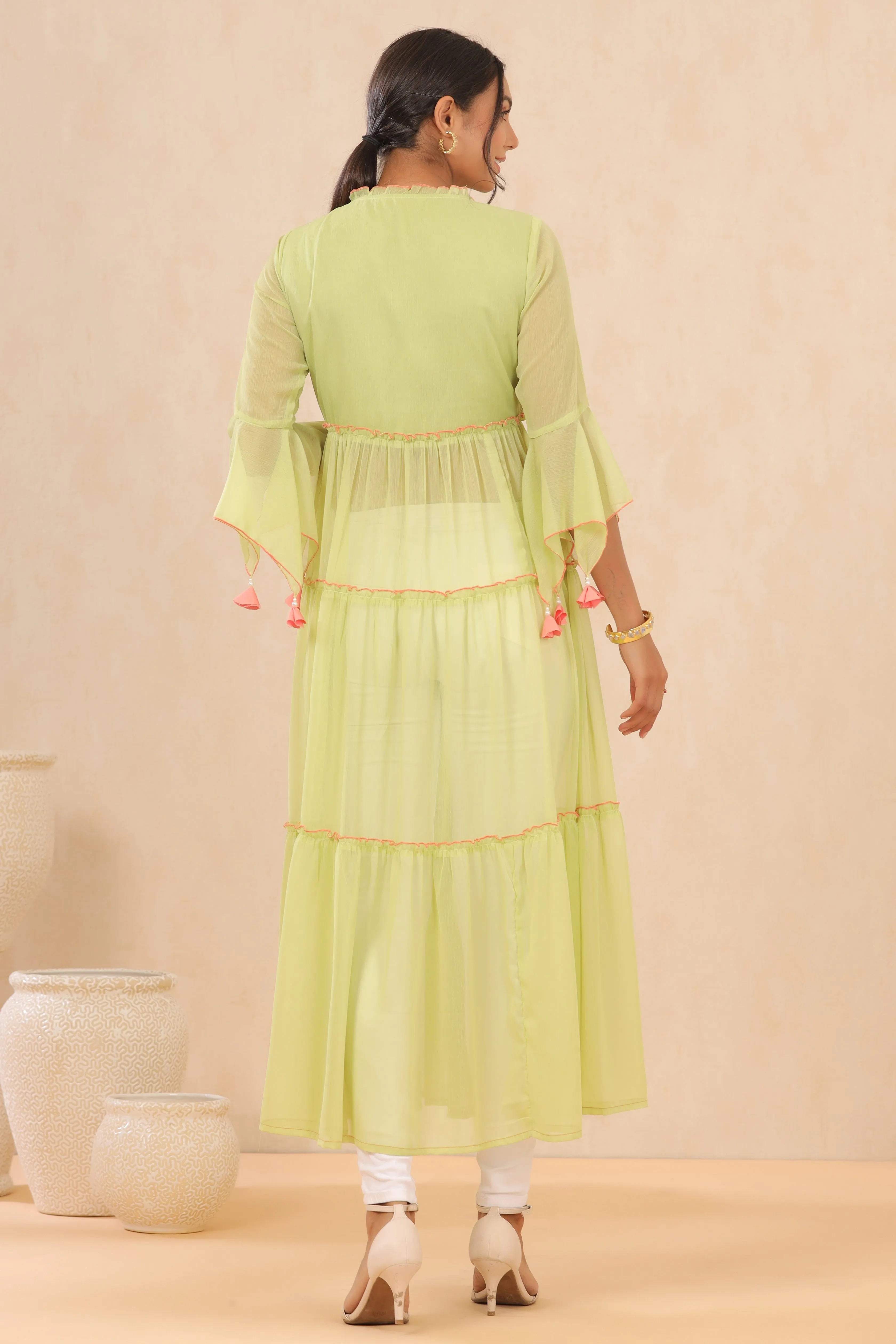 Women Green Chiffon Embroidered Kurta