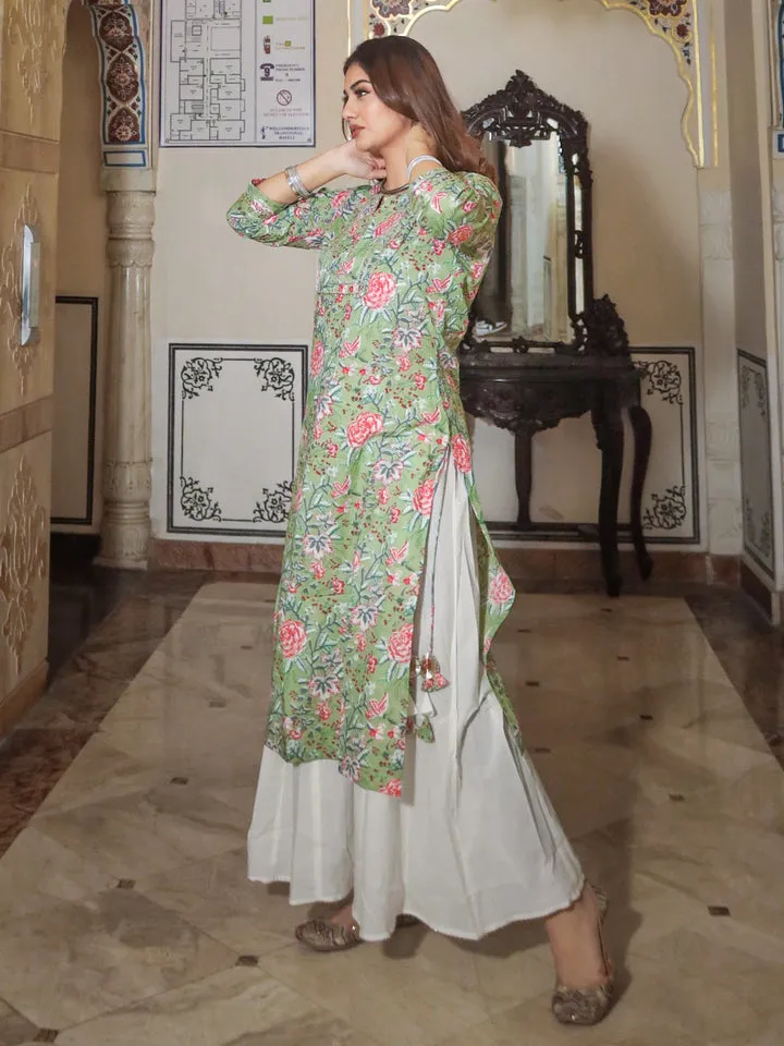 Women Green Printed Cotton Kurta With Palazo Set