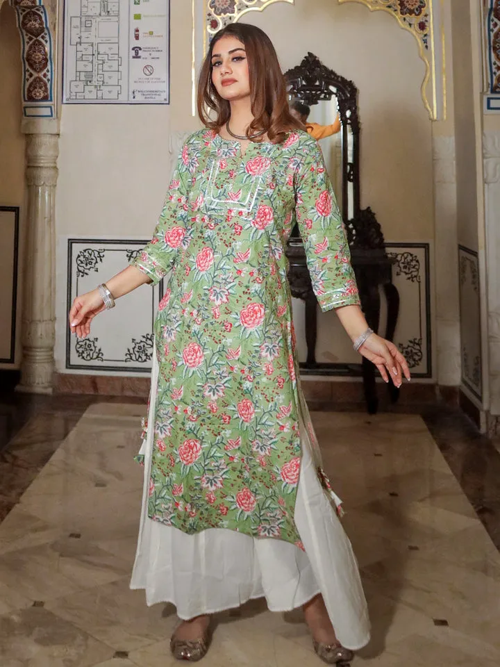 Women Green Printed Cotton Kurta With Palazo Set