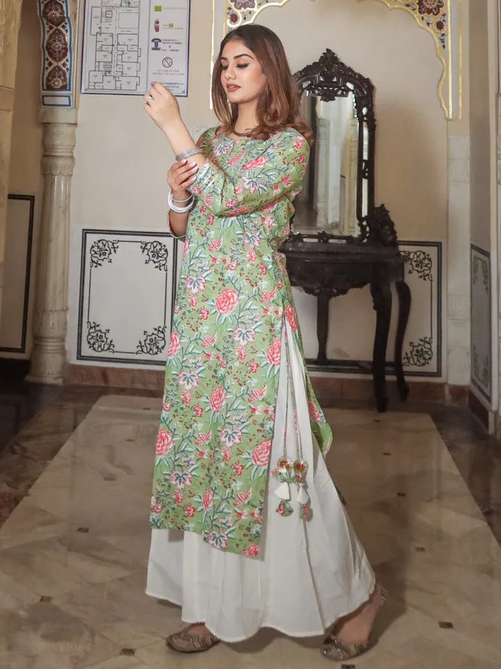 Women Green Printed Cotton Kurta With Palazo Set