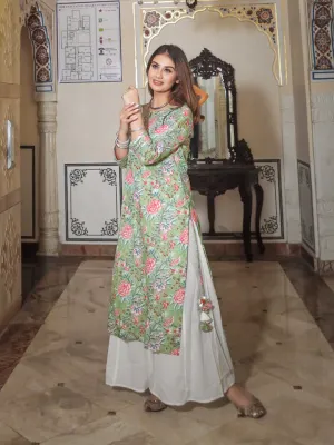 Women Green Printed Cotton Kurta With Palazo Set