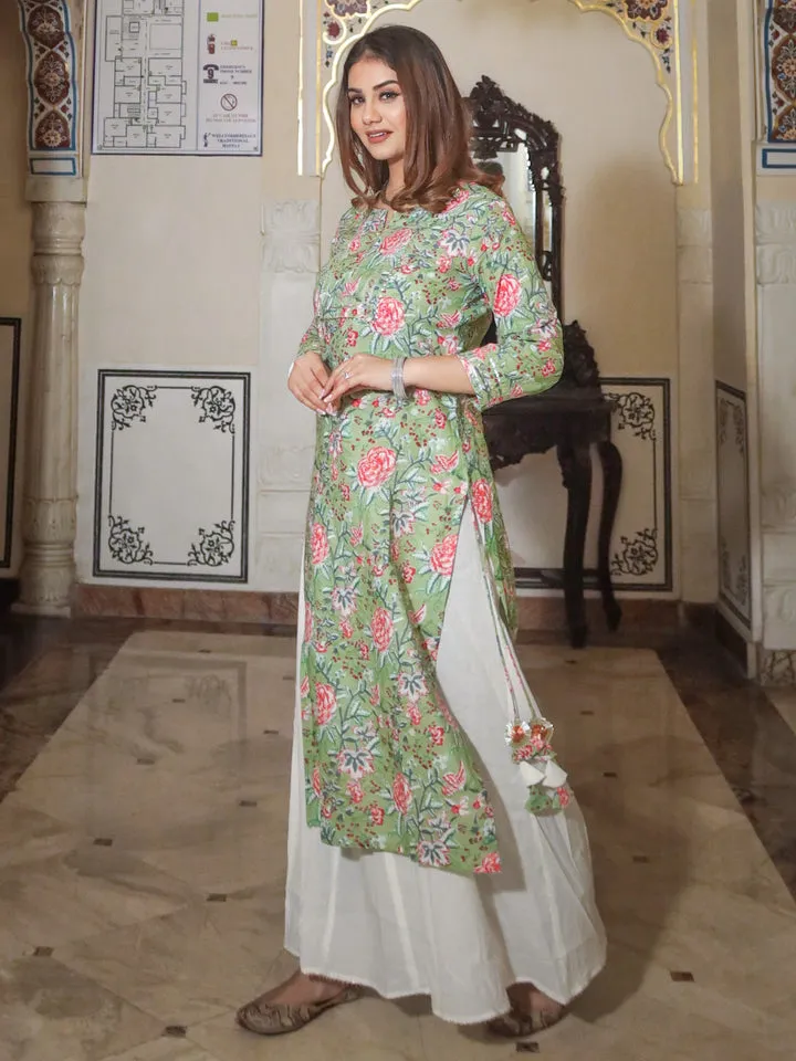 Women Green Printed Cotton Kurta With Palazo Set