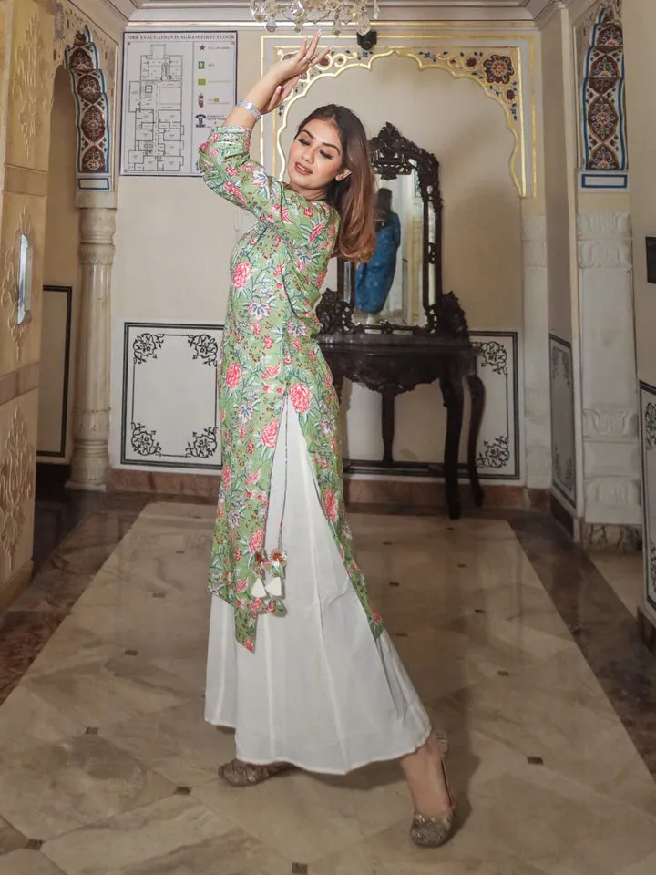 Women Green Printed Cotton Kurta With Palazo Set