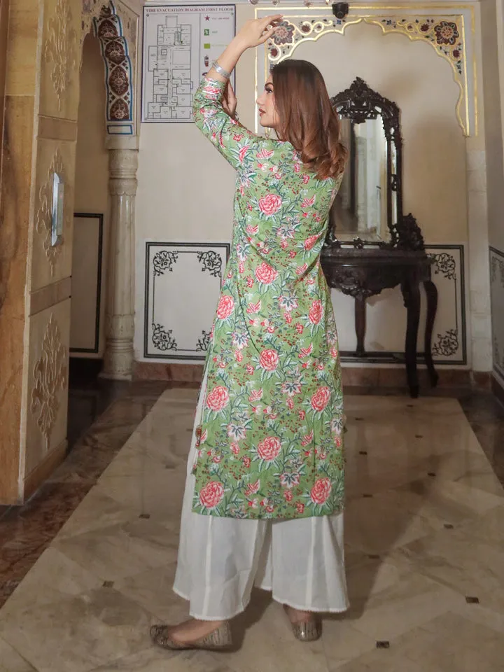 Women Green Printed Cotton Kurta With Palazo Set