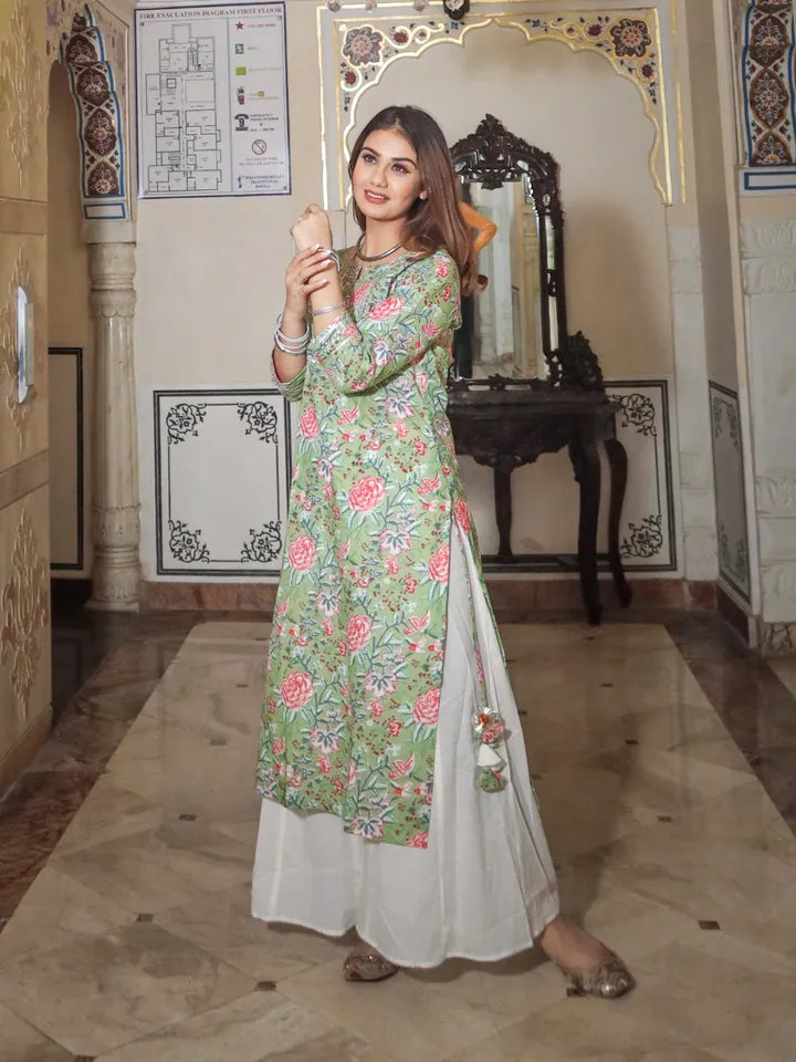 Women Green Printed Cotton Kurta With Palazo Set