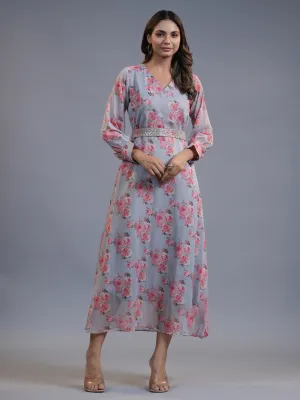 Women Grey Silk Chiffon Dress