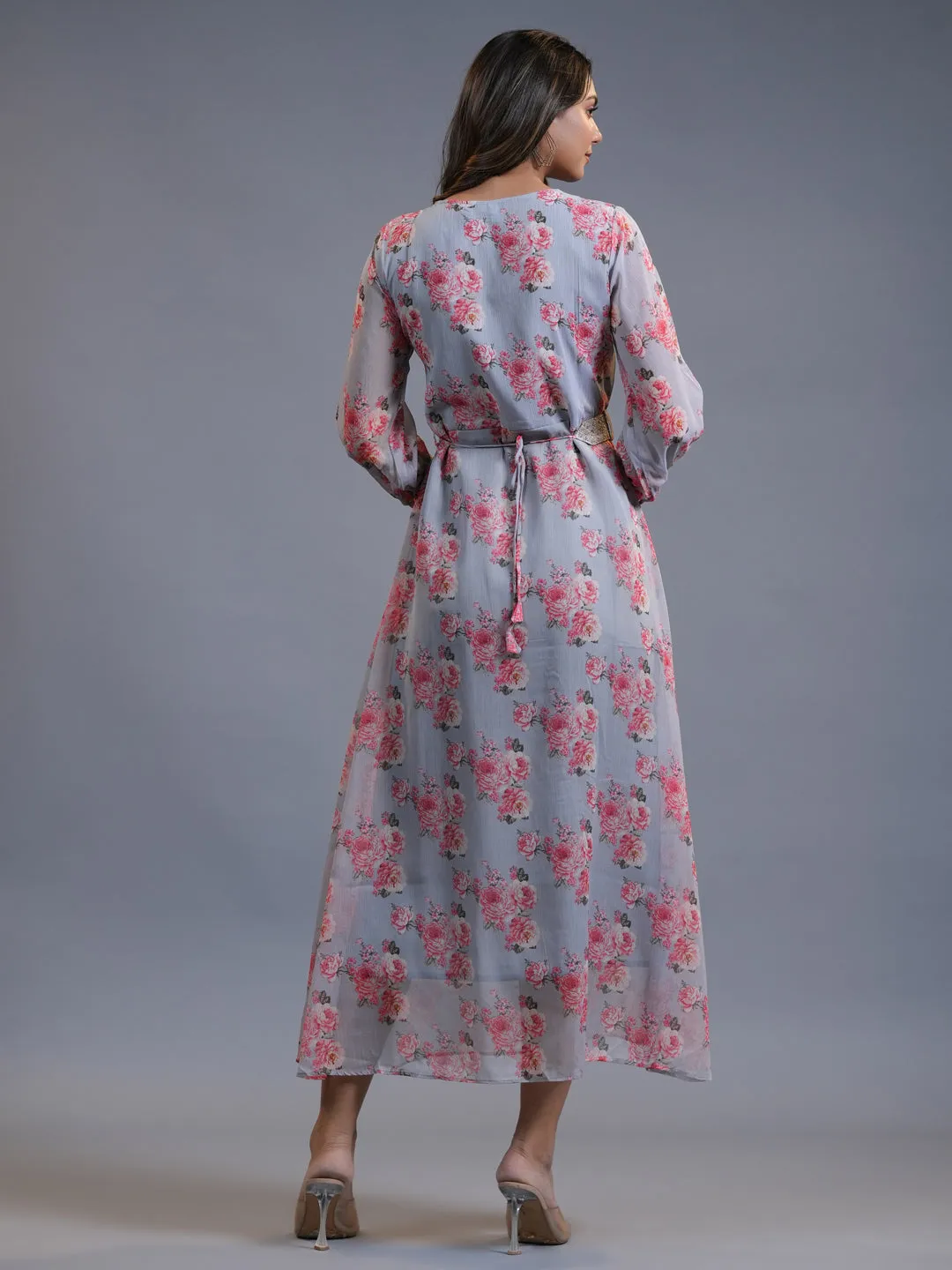 Women Grey Silk Chiffon Dress