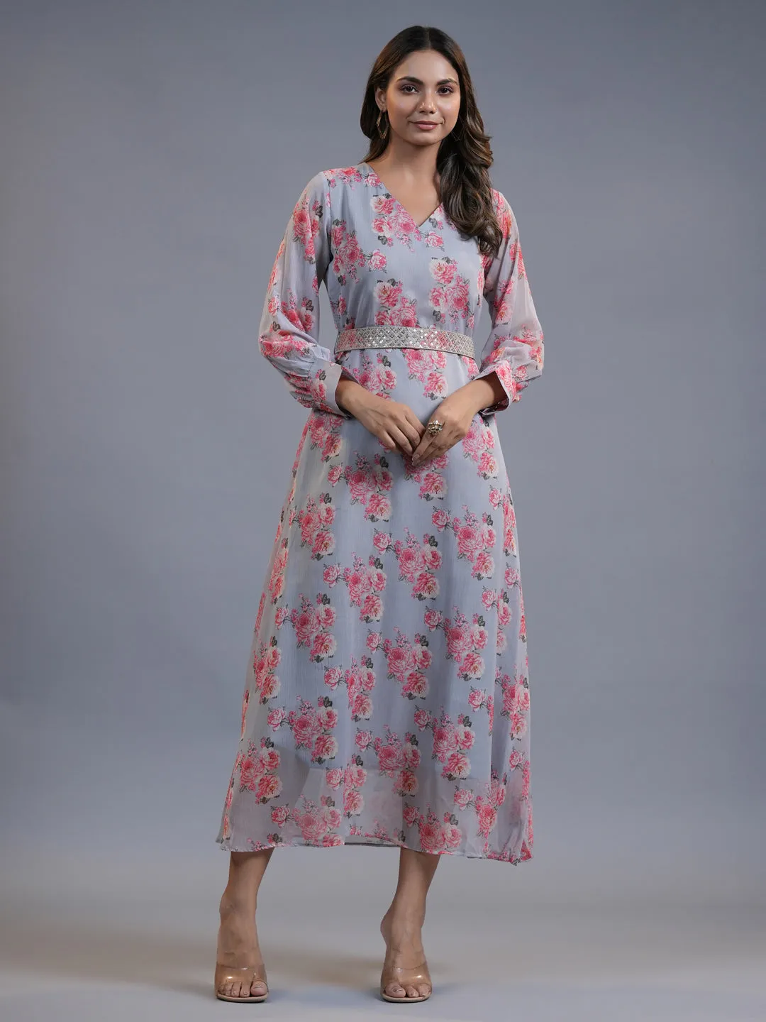 Women Grey Silk Chiffon Dress