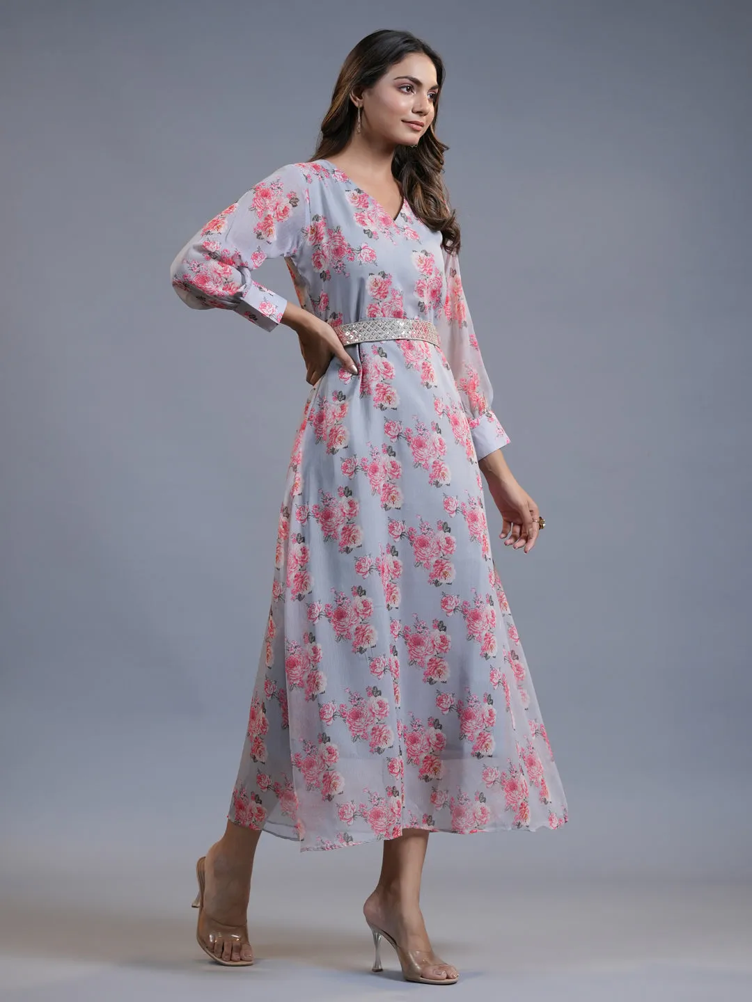 Women Grey Silk Chiffon Dress