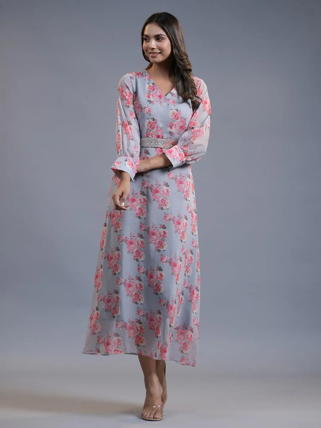 Women Grey Silk Chiffon Dress