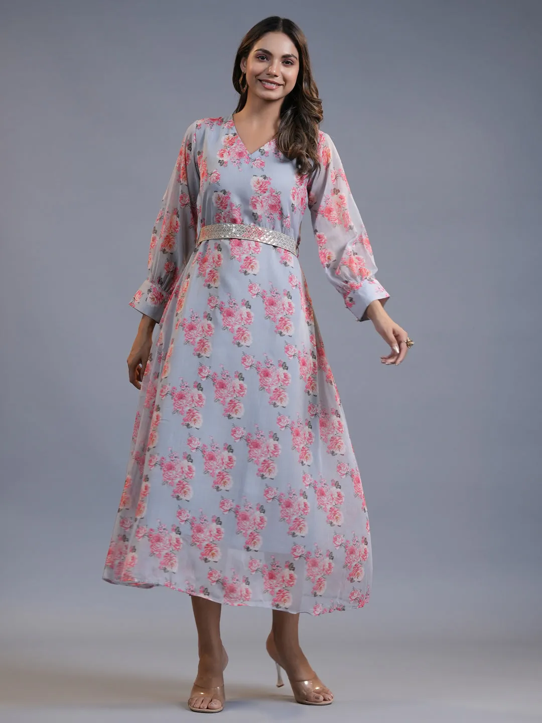 Women Grey Silk Chiffon Dress