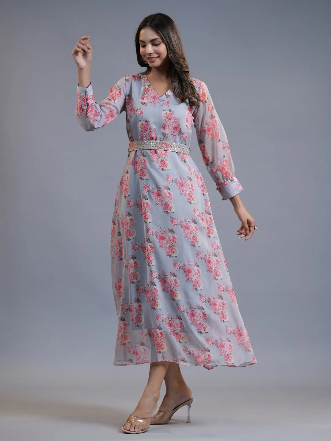 Women Grey Silk Chiffon Dress