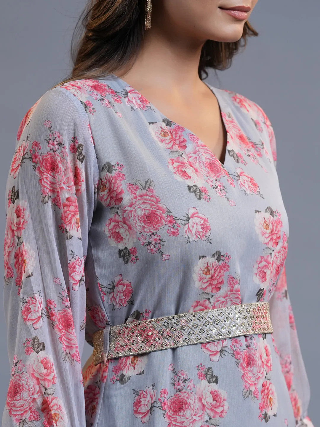 Women Grey Silk Chiffon Dress