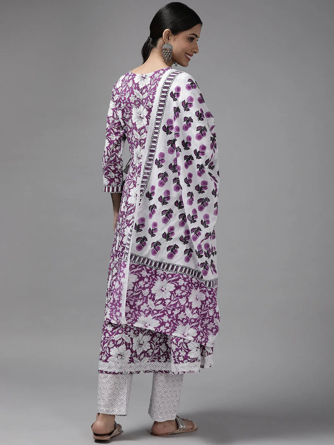Women Lavenderand White Floral Printed Cotton A Line Kurta Pant & Dupatta Set